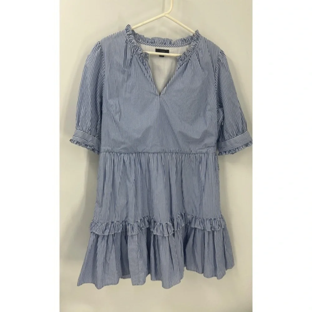 J. Crew | Ruffleneck tiered seersucker, sidezip, popover dress L